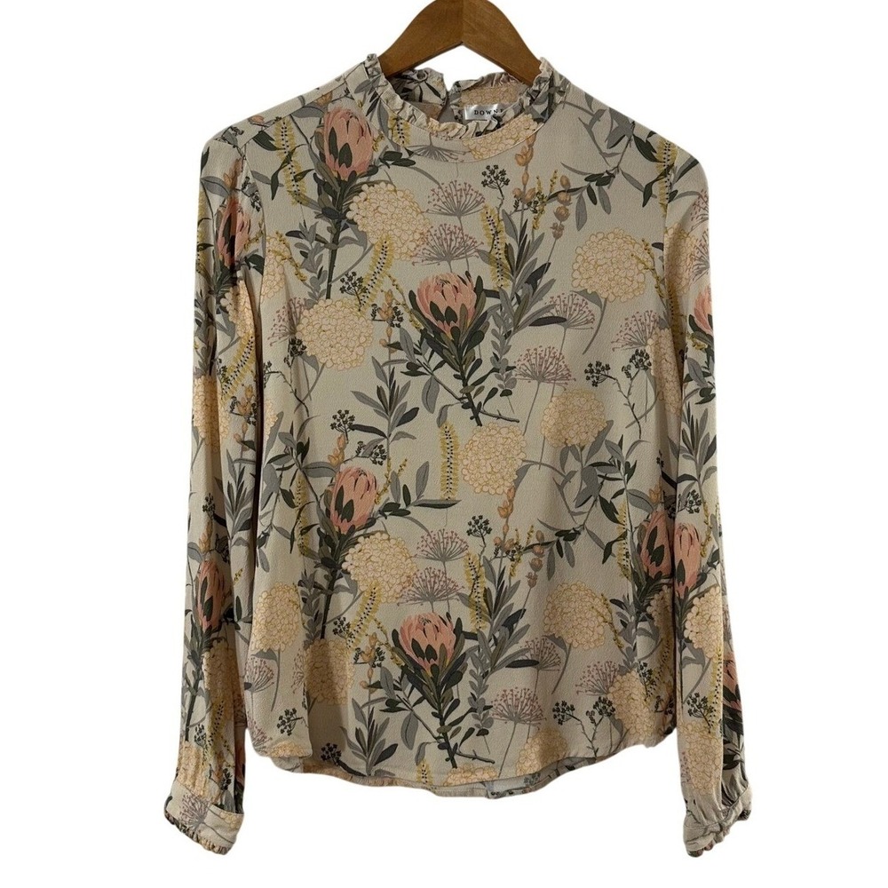 Downeast Floral Ruffle Neck Blouse Cream Pink Long Sleeve Top DB20010020 Small